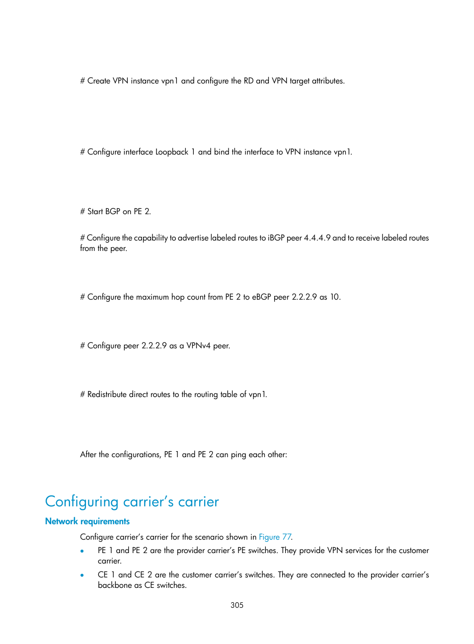 Configuring carrier’s carrier, Network requirements | H3C Technologies H3C S10500 Series Switches User Manual | Page 316 / 395