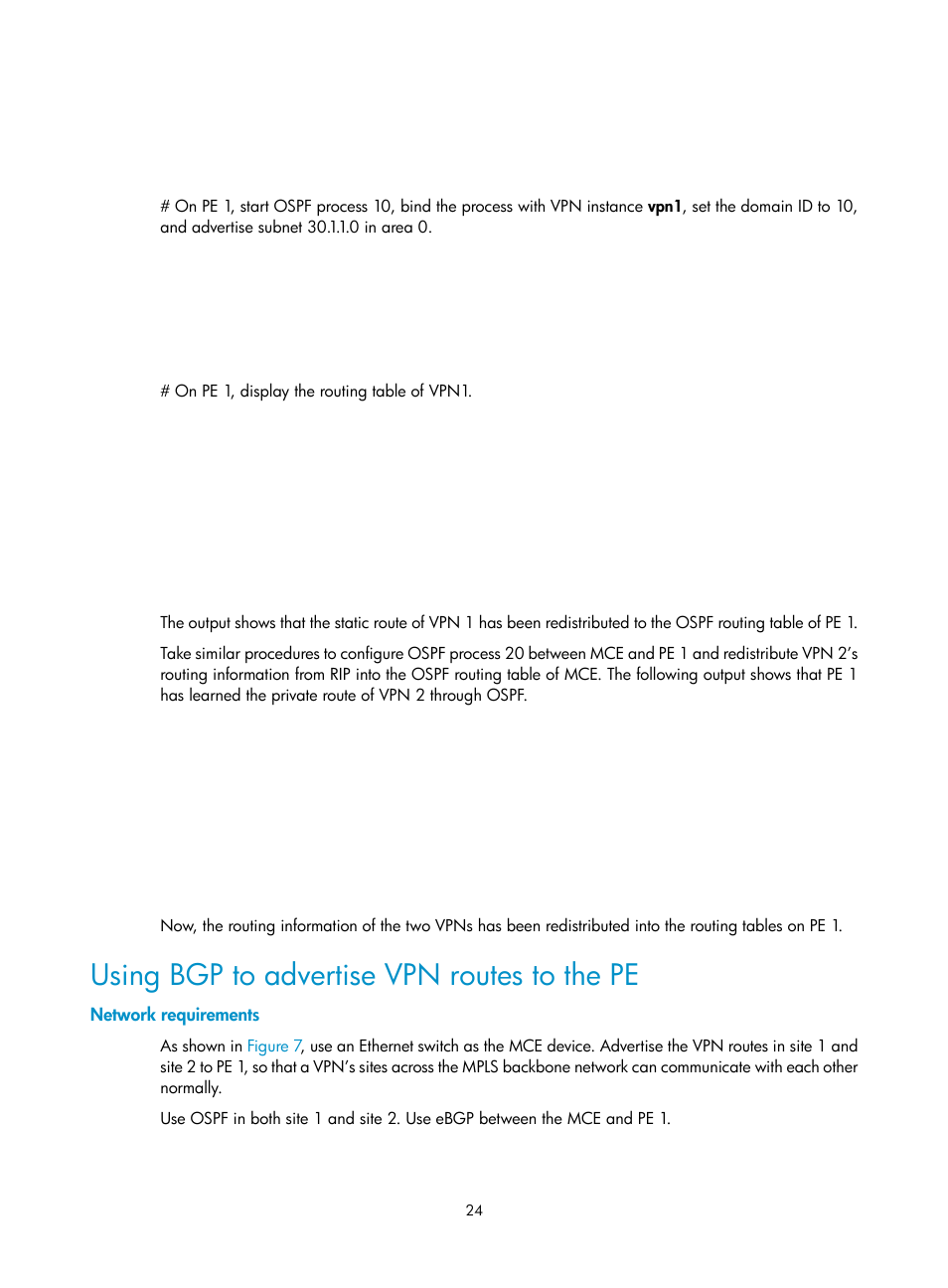 Using bgp to advertise vpn routes to the pe, Network requirements | H3C Technologies H3C S10500 Series Switches User Manual | Page 35 / 395