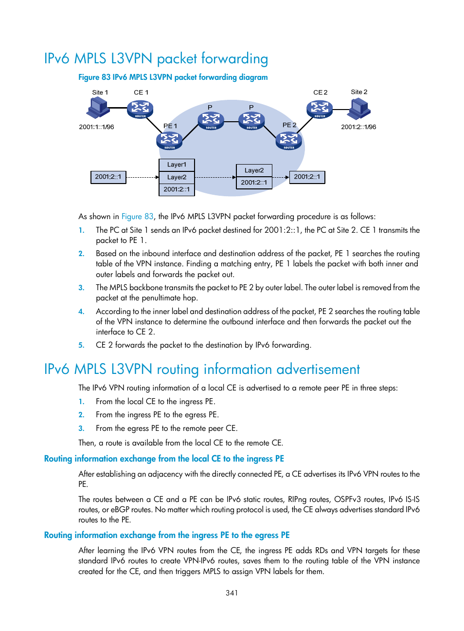 Ipv6 mpls l3vpn packet forwarding, Ipv6 mpls l3vpn routing information advertisement | H3C Technologies H3C S10500 Series Switches User Manual | Page 352 / 395