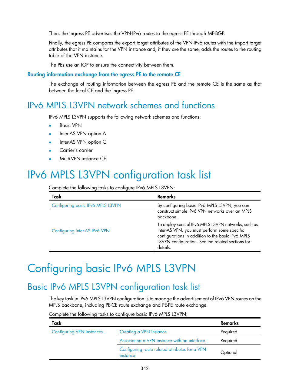 Ipv6 mpls l3vpn network schemes and functions, Ipv6 mpls l3vpn configuration task list, Configuring basic ipv6 mpls l3vpn | Basic ipv6 mpls l3vpn configuration task list | H3C Technologies H3C S10500 Series Switches User Manual | Page 353 / 395