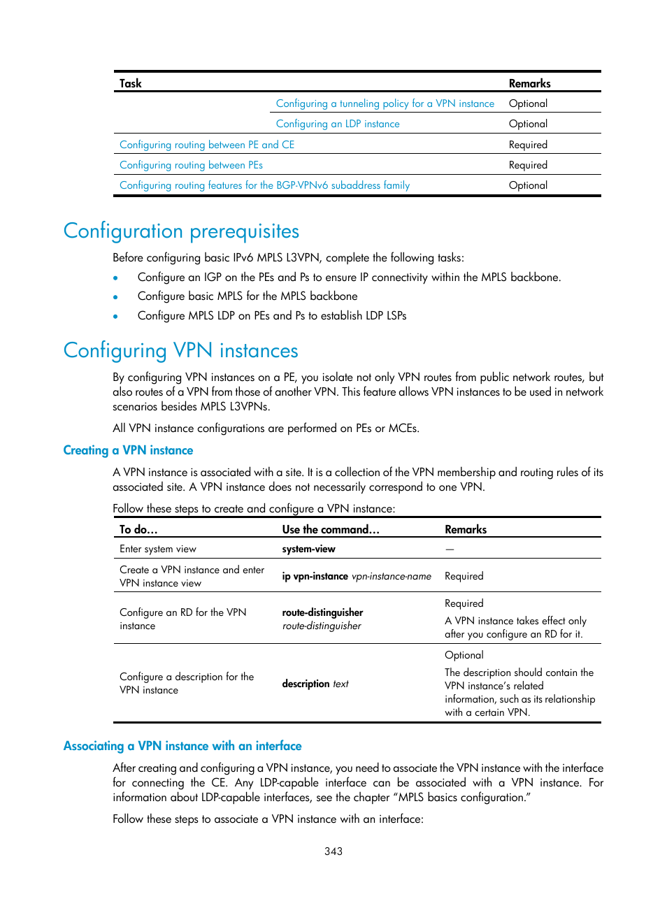 Configuration prerequisites, Configuring vpn instances, Creating a vpn instance | Associating a vpn instance with an interface | H3C Technologies H3C S10500 Series Switches User Manual | Page 354 / 395