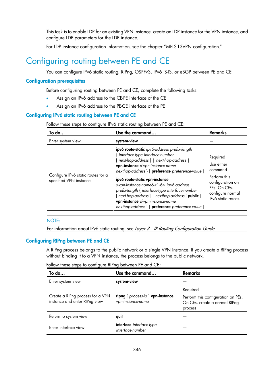 Configuring routing between pe and ce, Configuration prerequisites, Configuring ipv6 static routing between pe and ce | Configuring ripng between pe and ce | H3C Technologies H3C S10500 Series Switches User Manual | Page 357 / 395