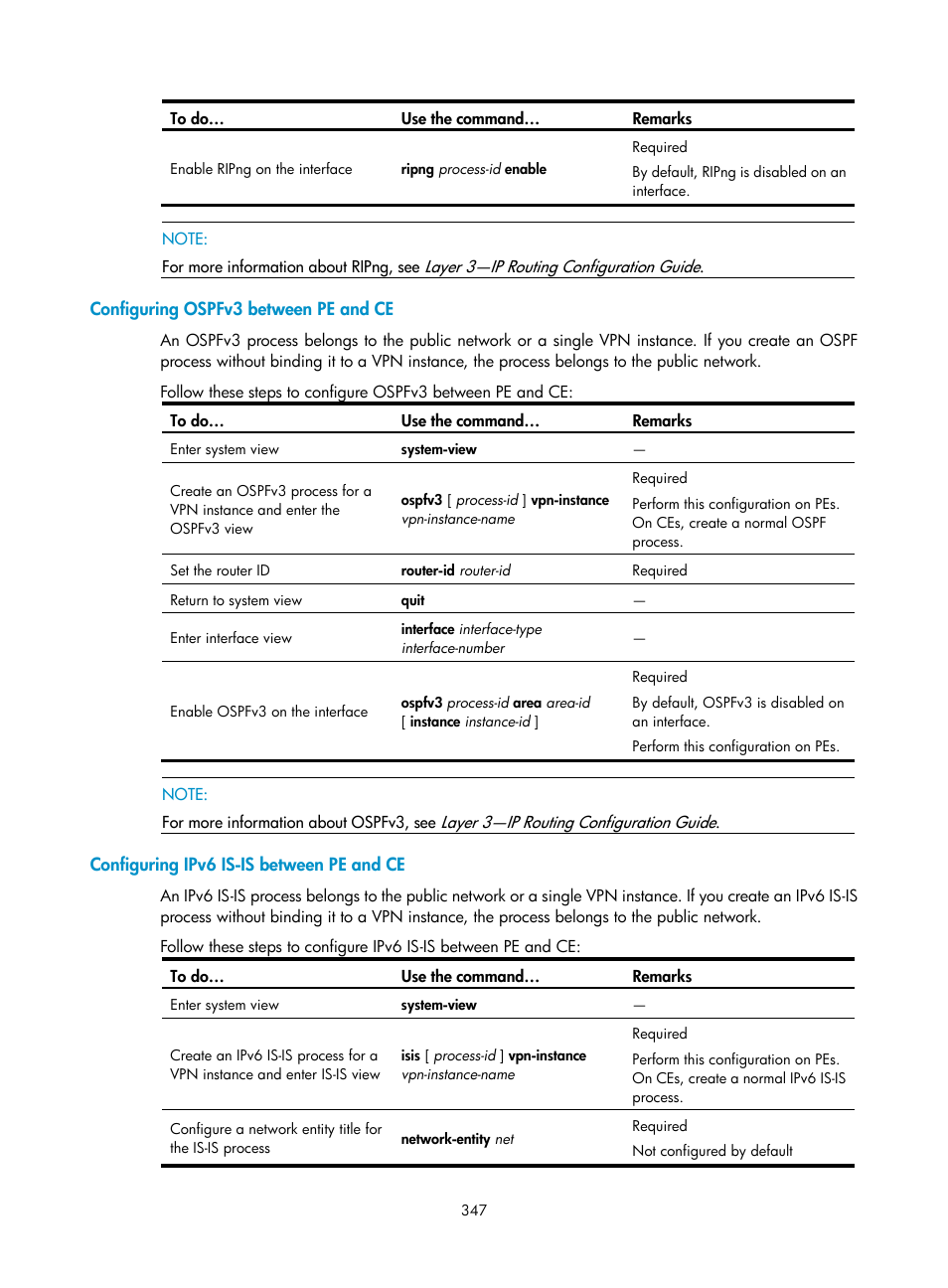 Configuring ospfv3 between pe and ce, Configuring ipv6 is-is between pe and ce | H3C Technologies H3C S10500 Series Switches User Manual | Page 358 / 395