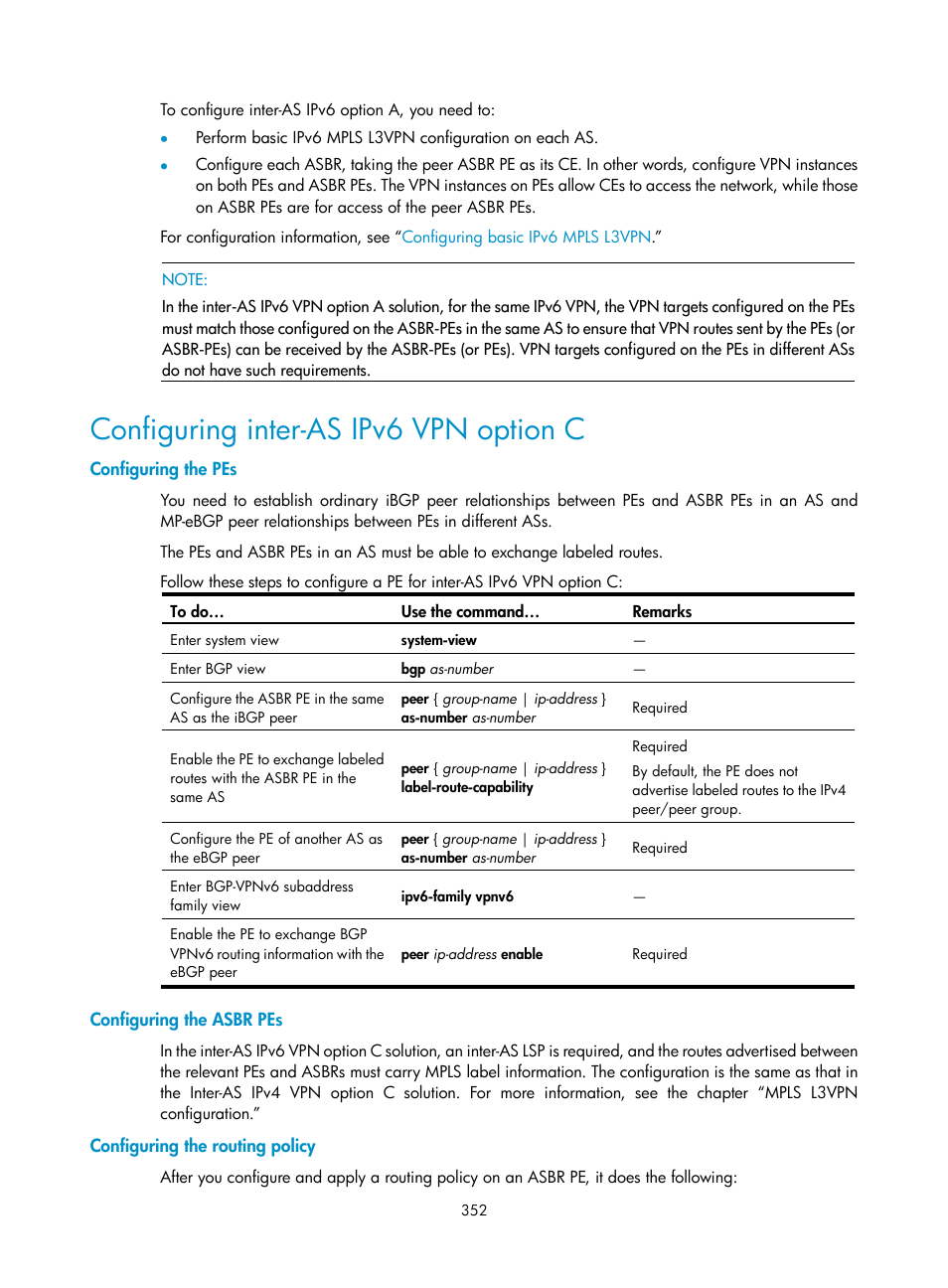 Configuring inter-as ipv6 vpn option c, Configuring the pes, Configuring the asbr pes | Configuring the routing policy | H3C Technologies H3C S10500 Series Switches User Manual | Page 363 / 395