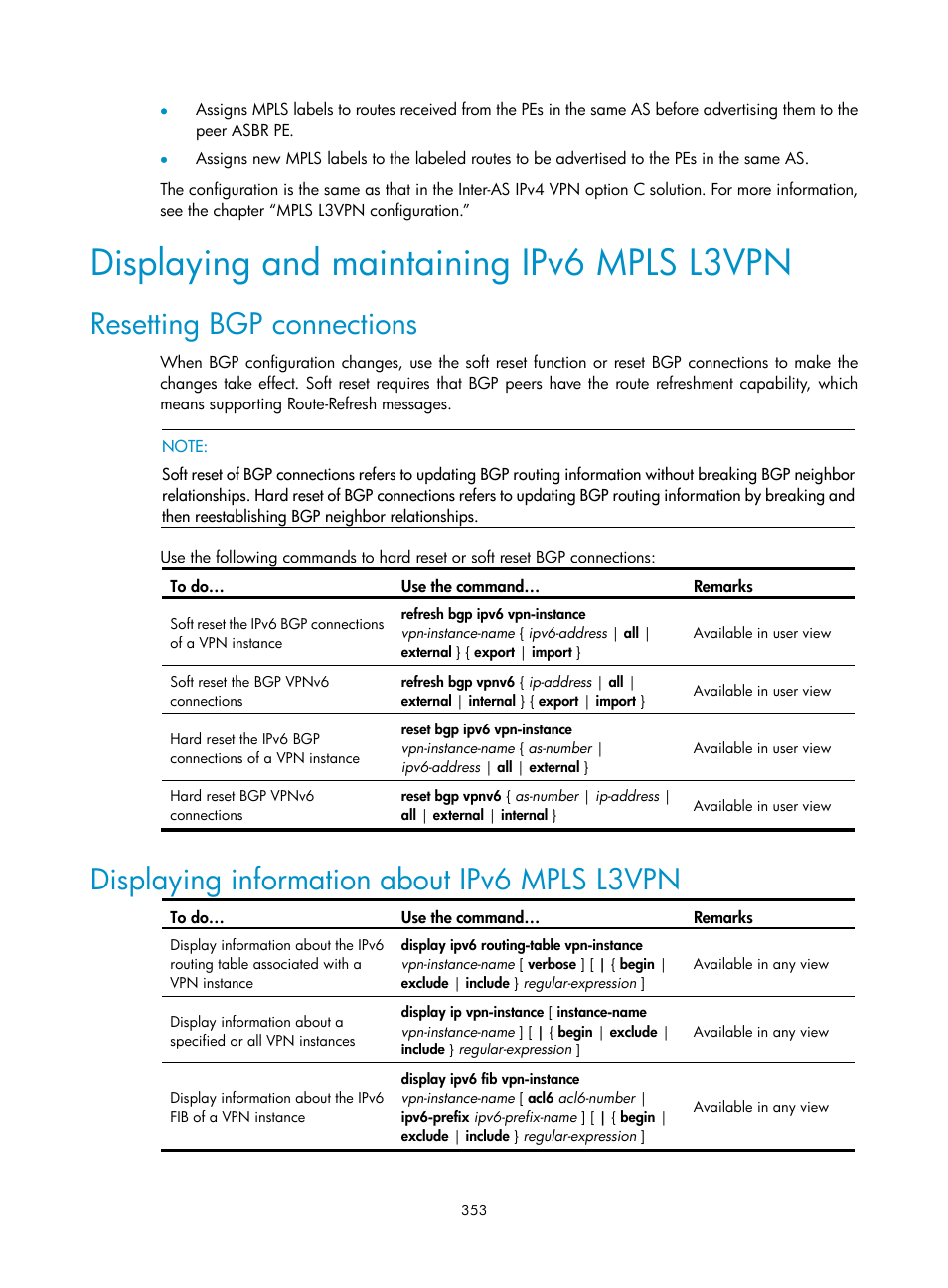 Displaying and maintaining ipv6 mpls l3vpn, Resetting bgp connections, Displaying information about ipv6 mpls l3vpn | H3C Technologies H3C S10500 Series Switches User Manual | Page 364 / 395