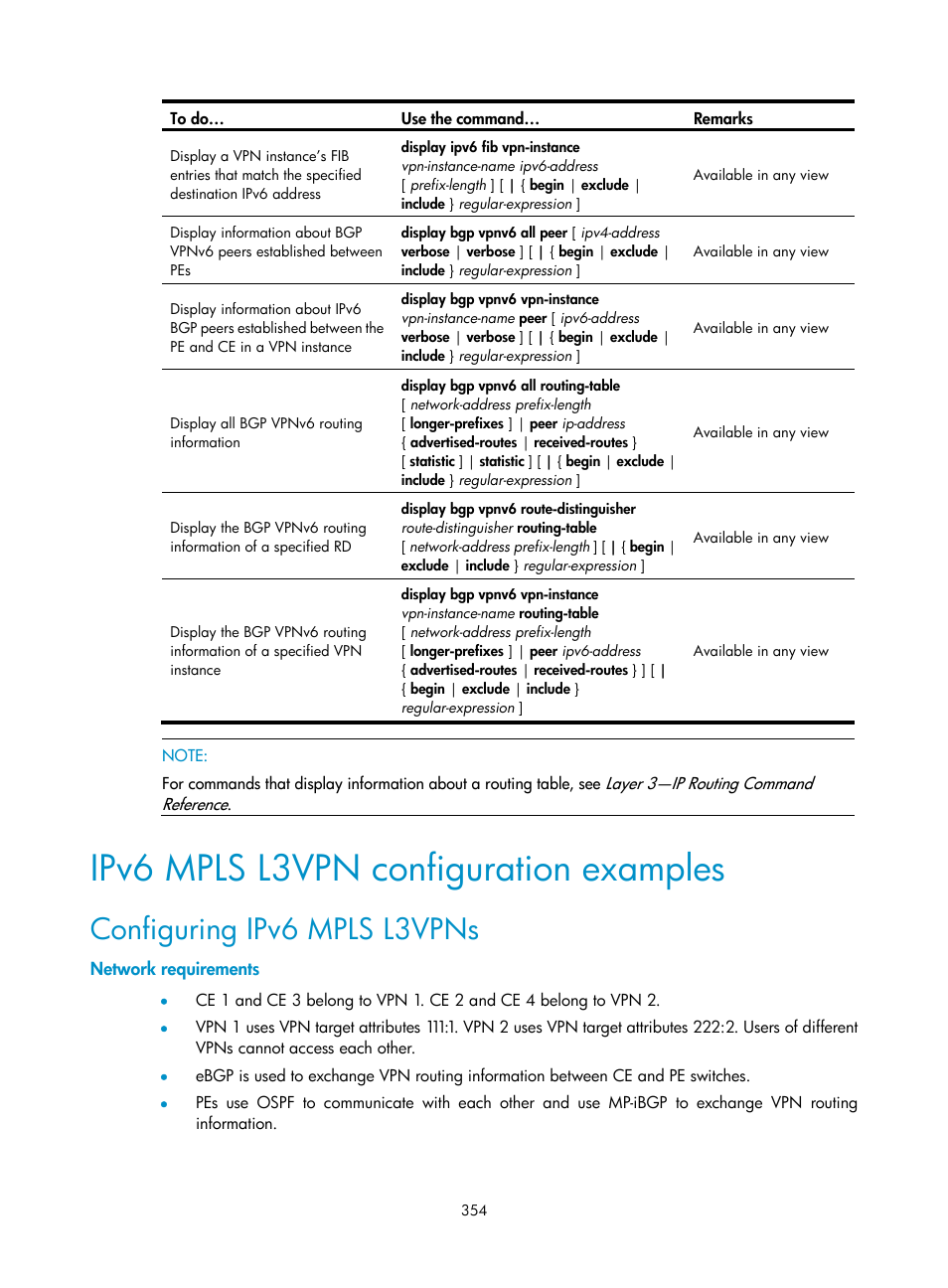 Ipv6 mpls l3vpn configuration examples, Configuring ipv6 mpls l3vpns, Network requirements | H3C Technologies H3C S10500 Series Switches User Manual | Page 365 / 395