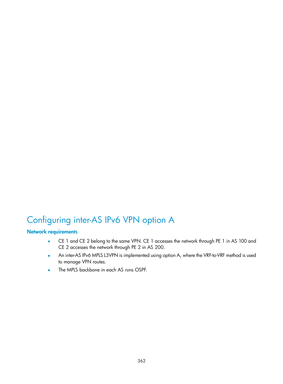 Configuring inter-as ipv6 vpn option a, Network requirements | H3C Technologies H3C S10500 Series Switches User Manual | Page 373 / 395
