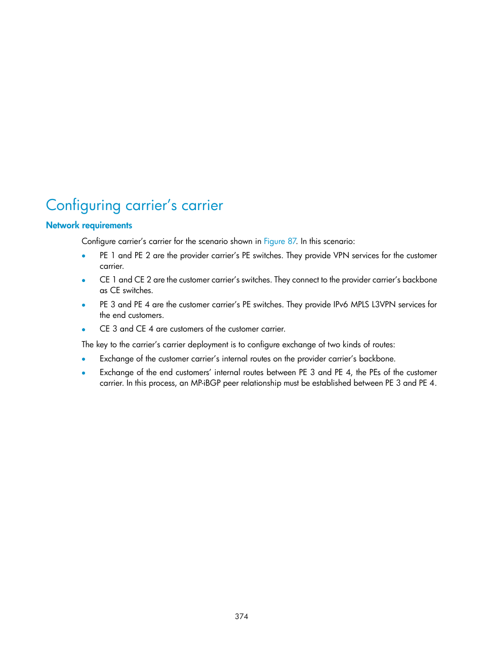 Configuring carrier’s carrier, Network requirements | H3C Technologies H3C S10500 Series Switches User Manual | Page 385 / 395