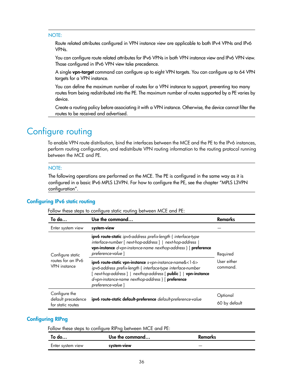 Configure routing, Configuring ipv6 static routing, Configuring ripng | H3C Technologies H3C S10500 Series Switches User Manual | Page 47 / 395