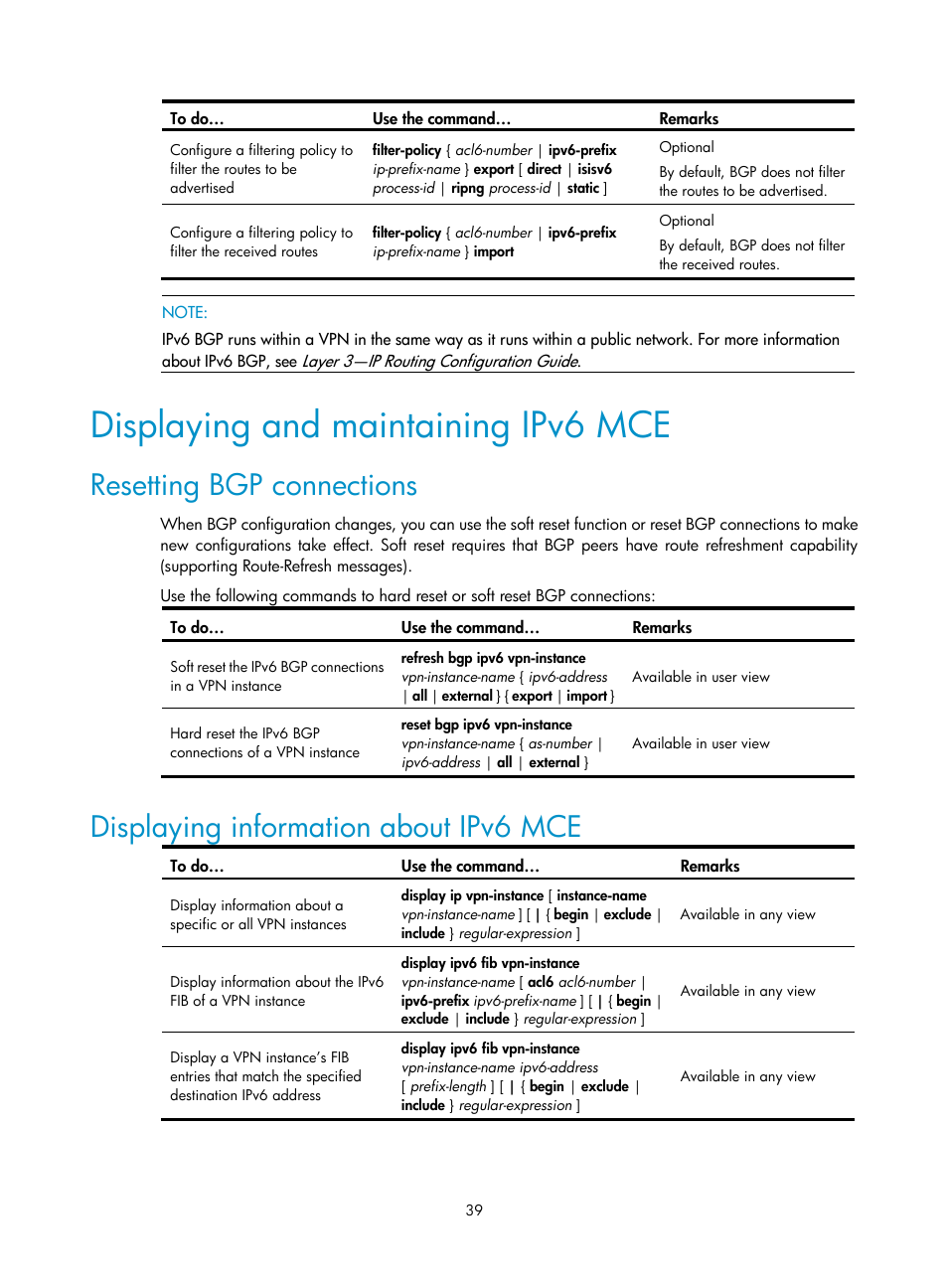 Displaying and maintaining ipv6 mce, Resetting bgp connections, Displaying information about ipv6 mce | H3C Technologies H3C S10500 Series Switches User Manual | Page 50 / 395