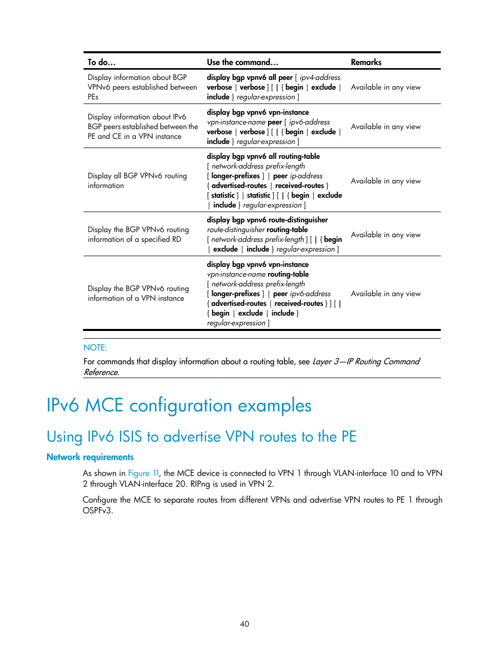 Ipv6 mce configuration examples, Using ipv6 isis to advertise vpn routes to the pe, Network requirements | H3C Technologies H3C S10500 Series Switches User Manual | Page 51 / 395