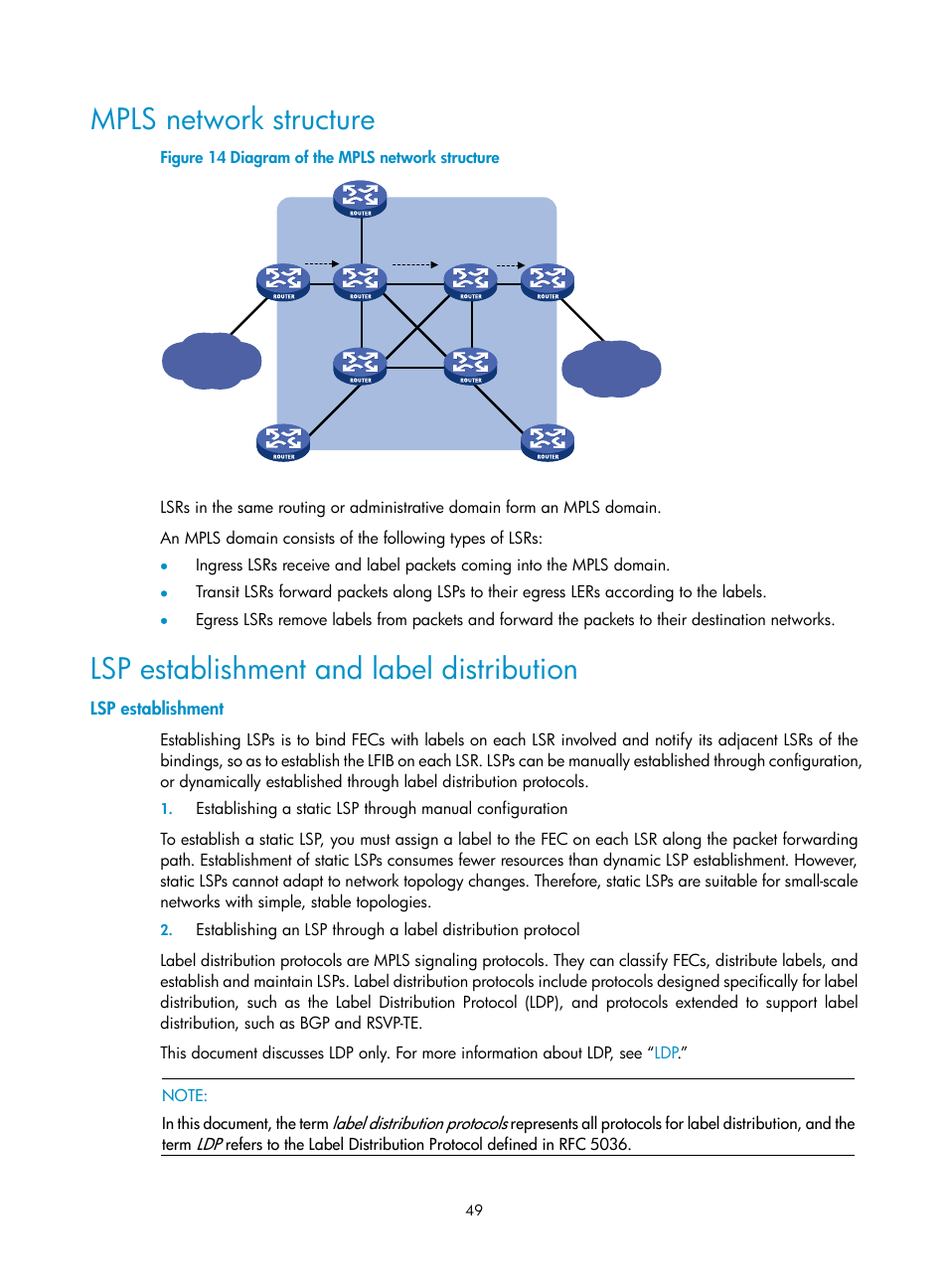 Mpls network structure, Lsp establishment and label distribution, Lsp establishment | H3C Technologies H3C S10500 Series Switches User Manual | Page 60 / 395