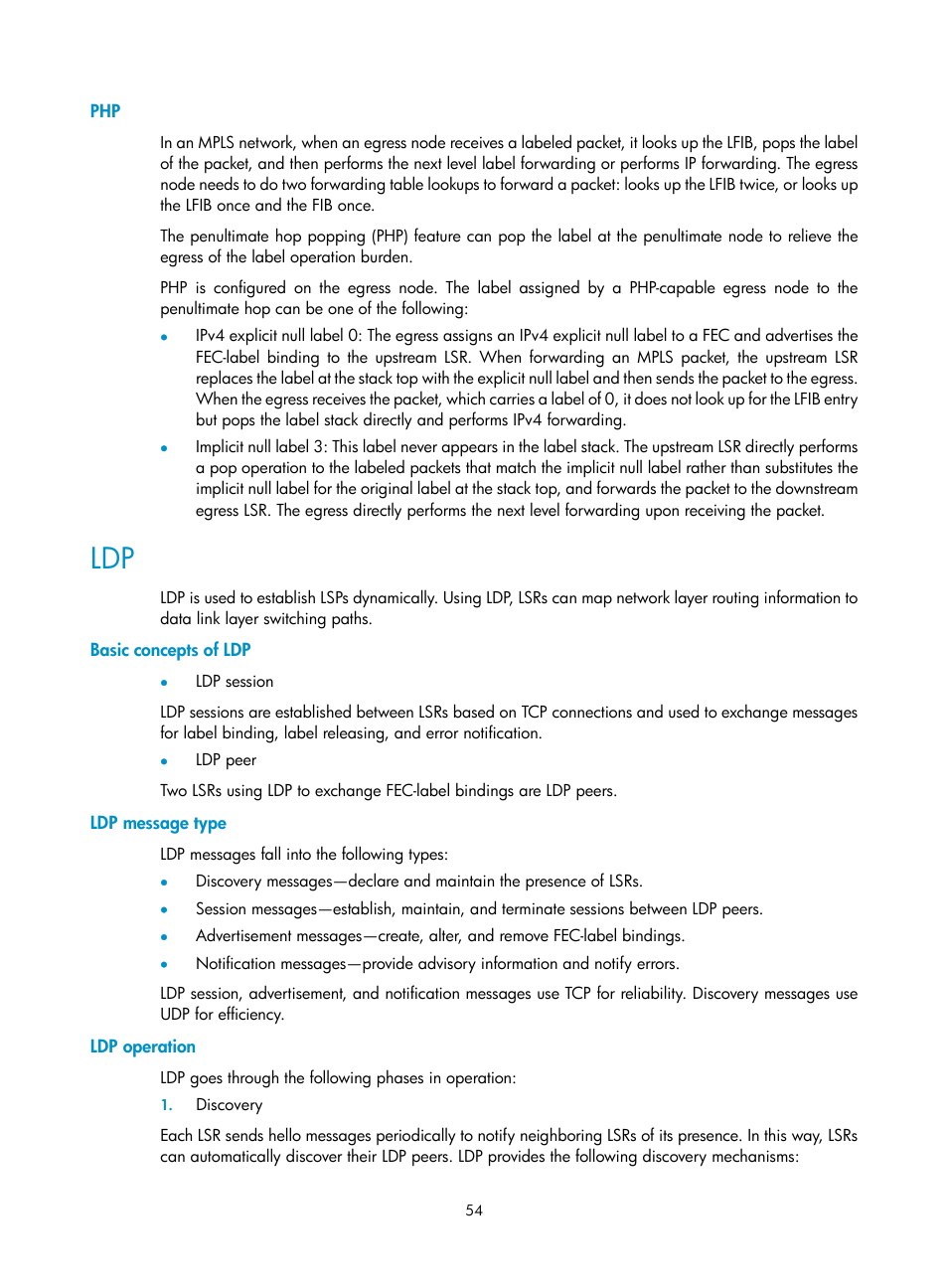 Basic concepts of ldp, Ldp message type, Ldp operation | H3C Technologies H3C S10500 Series Switches User Manual | Page 65 / 395