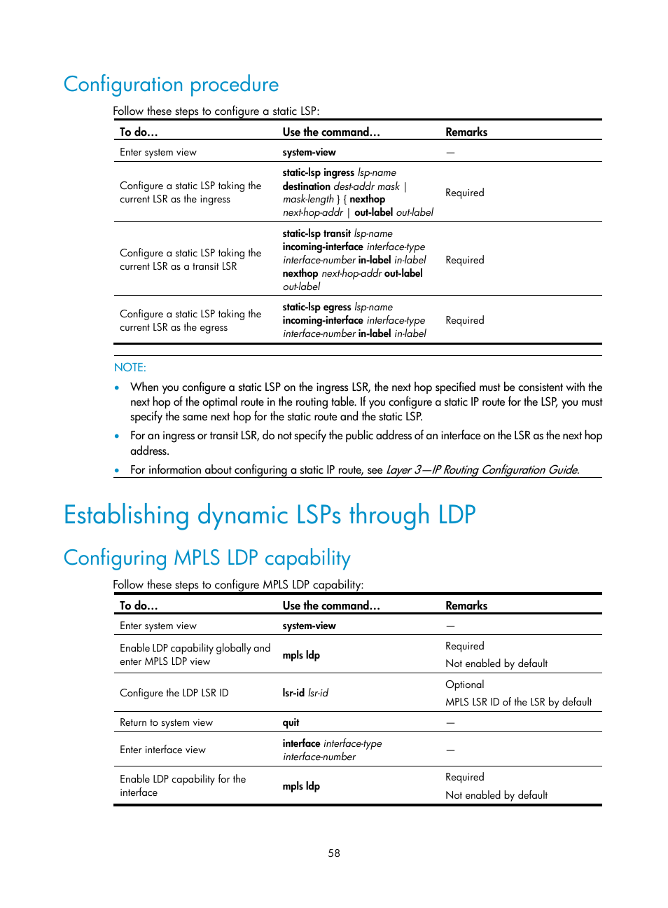 Configuration procedure, Establishing dynamic lsps through ldp, Configuring mpls ldp capability | Establishing dynamic lsps, Through ldp | H3C Technologies H3C S10500 Series Switches User Manual | Page 69 / 395