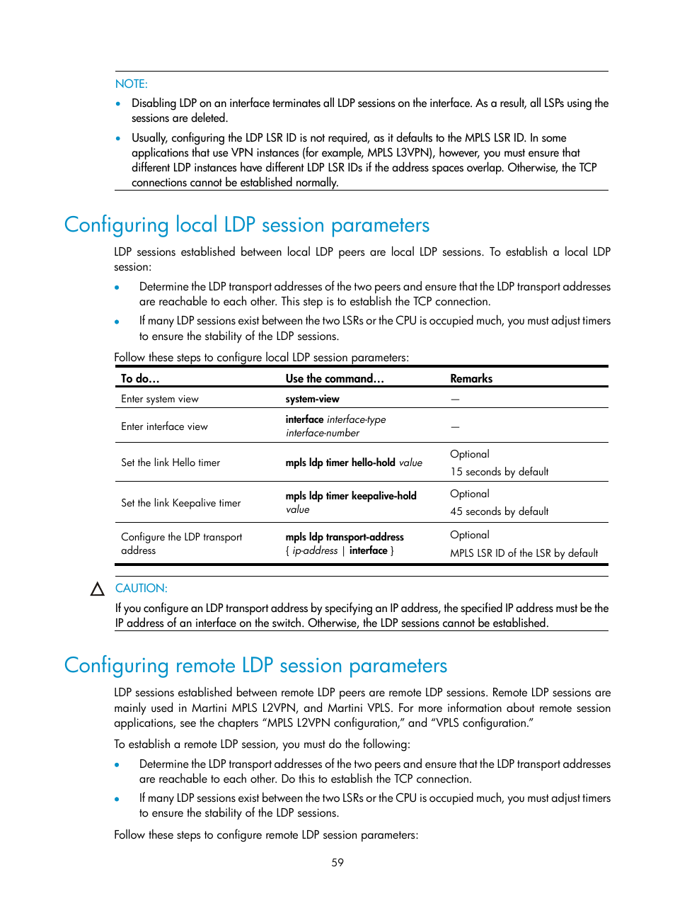 Configuring local ldp session parameters, Configuring remote ldp session parameters | H3C Technologies H3C S10500 Series Switches User Manual | Page 70 / 395