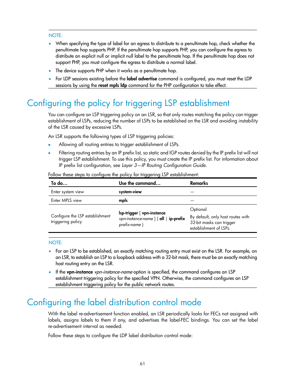 Configuring the label distribution control mode | H3C Technologies H3C S10500 Series Switches User Manual | Page 72 / 395