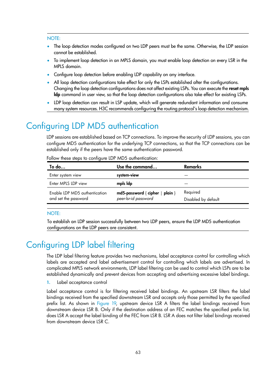 Configuring ldp md5 authentication, Configuring ldp label filtering | H3C Technologies H3C S10500 Series Switches User Manual | Page 74 / 395