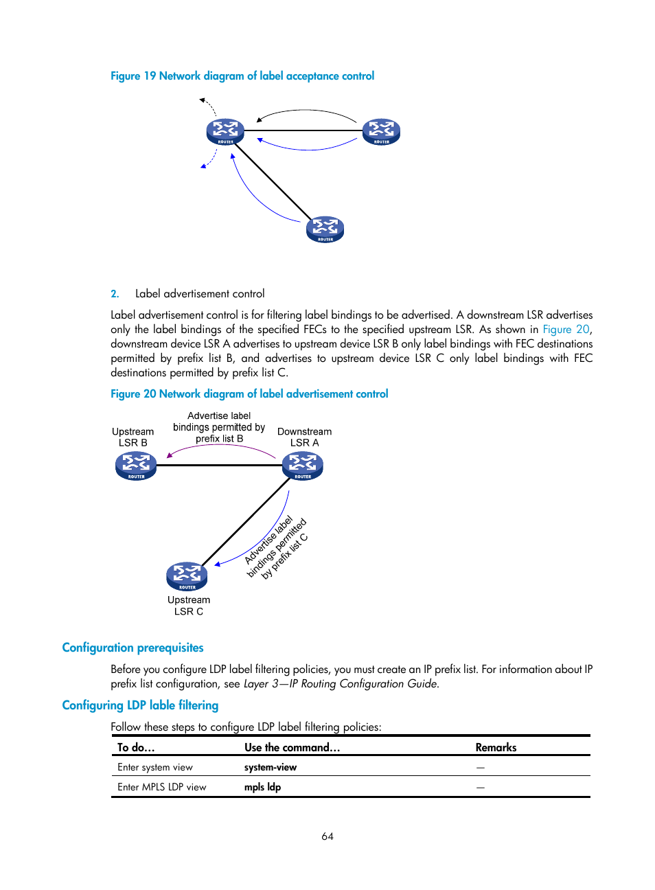 Configuration prerequisites, Configuring ldp lable filtering | H3C Technologies H3C S10500 Series Switches User Manual | Page 75 / 395