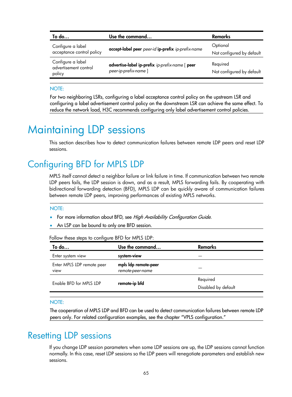 Maintaining ldp sessions, Configuring bfd for mpls ldp, Resetting ldp sessions | H3C Technologies H3C S10500 Series Switches User Manual | Page 76 / 395
