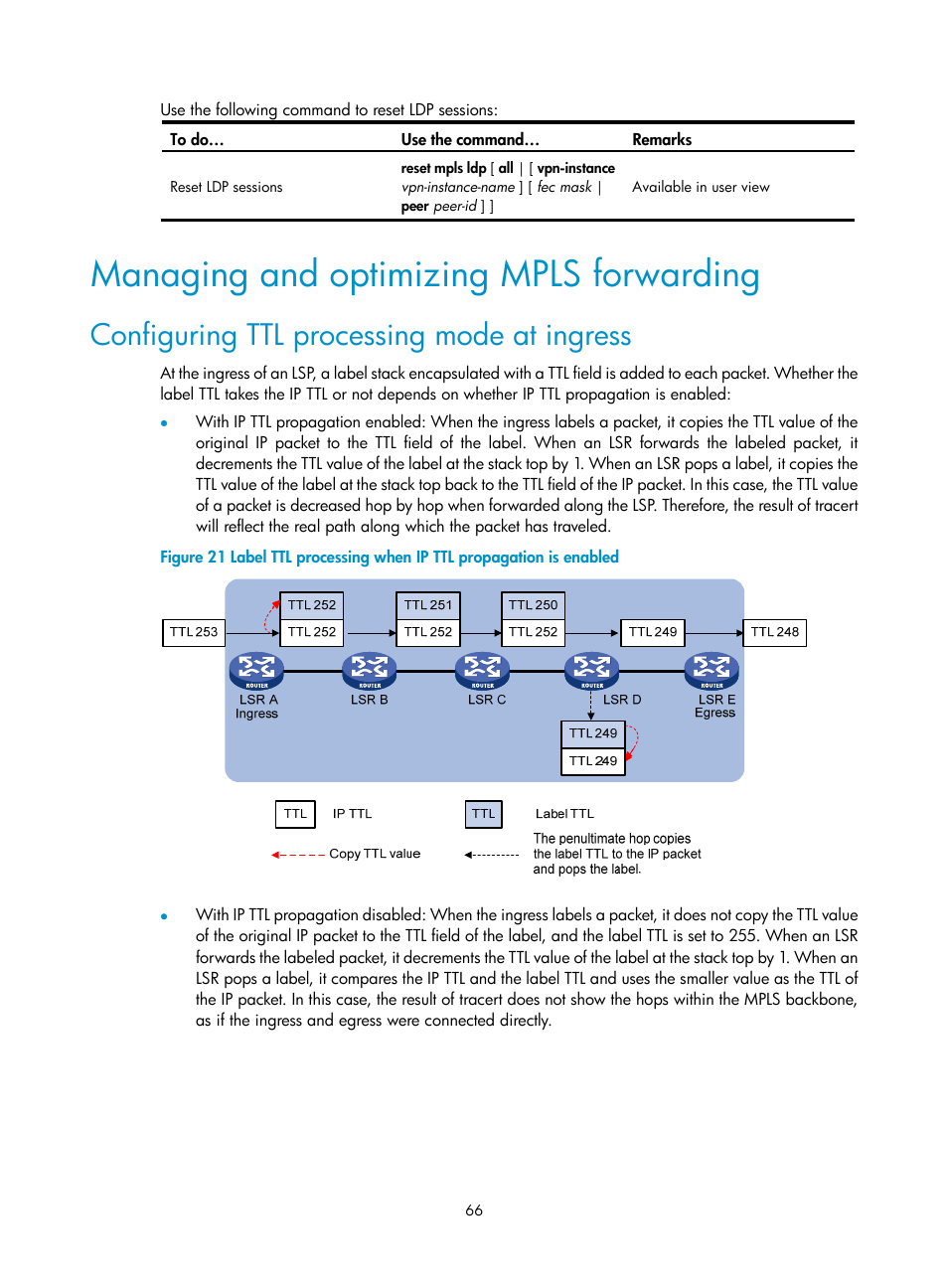 Managing and optimizing mpls forwarding, Configuring ttl processing mode at ingress | H3C Technologies H3C S10500 Series Switches User Manual | Page 77 / 395