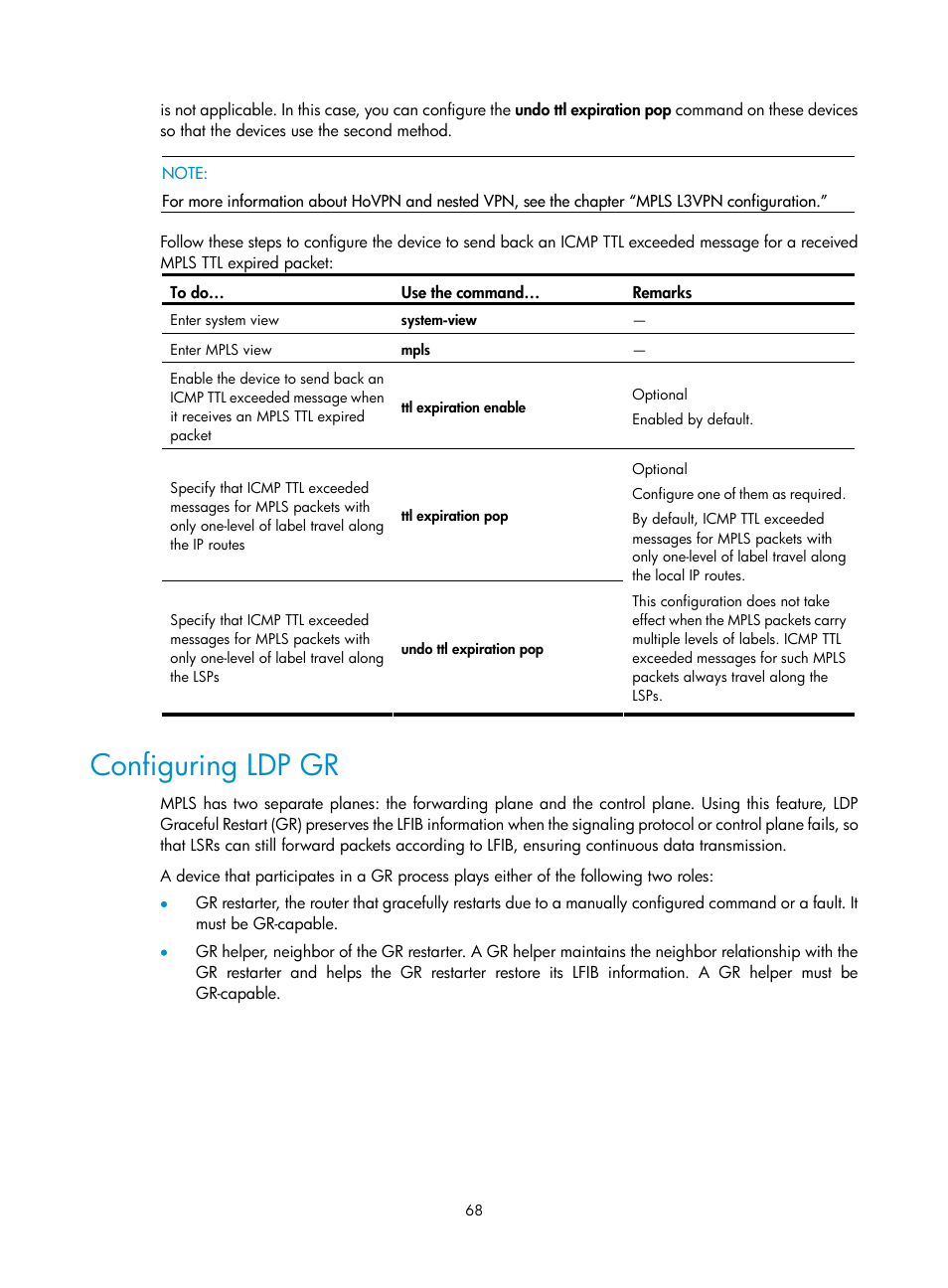 Configuring ldp gr | H3C Technologies H3C S10500 Series Switches User Manual | Page 79 / 395