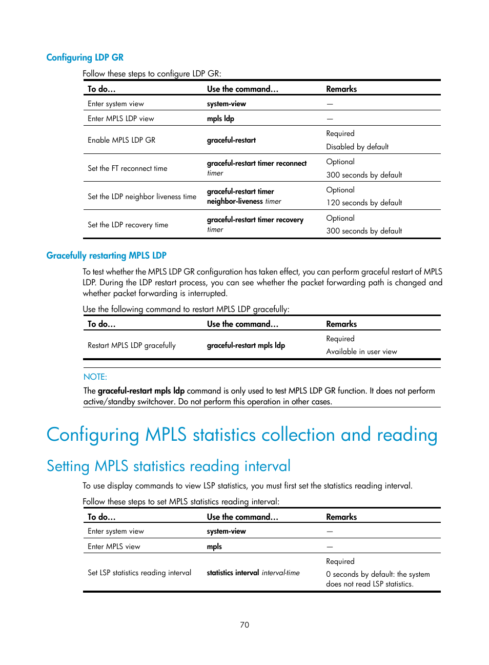 Configuring ldp gr, Gracefully restarting mpls ldp, Configuring mpls statistics collection and reading | Setting mpls statistics reading interval | H3C Technologies H3C S10500 Series Switches User Manual | Page 81 / 395
