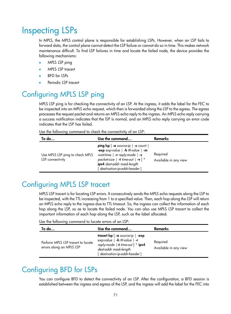 Inspecting lsps, Configuring mpls lsp ping, Configuring mpls lsp tracert | Configuring bfd for lsps | H3C Technologies H3C S10500 Series Switches User Manual | Page 82 / 395