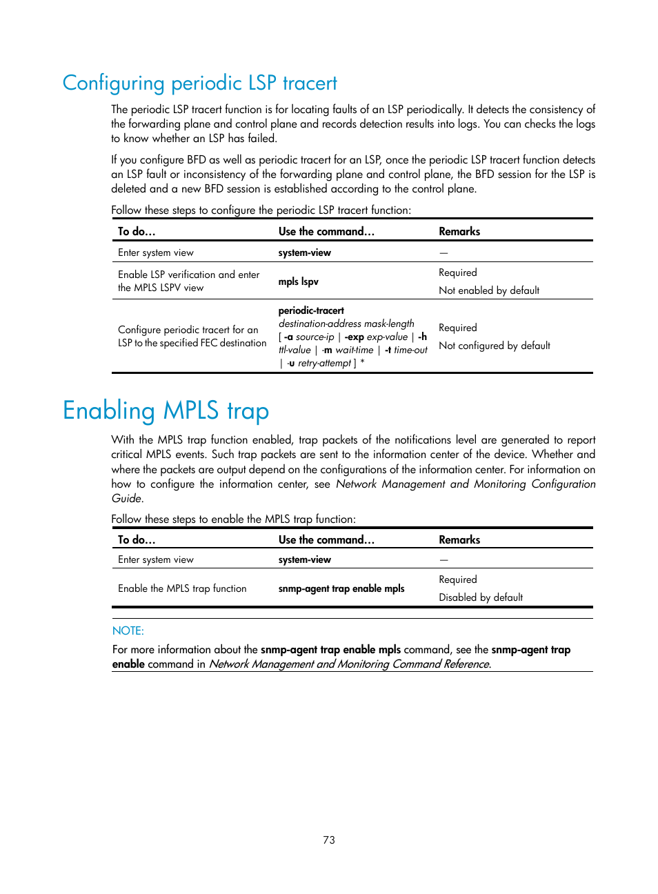 Configuring periodic lsp tracert, Enabling mpls trap | H3C Technologies H3C S10500 Series Switches User Manual | Page 84 / 395