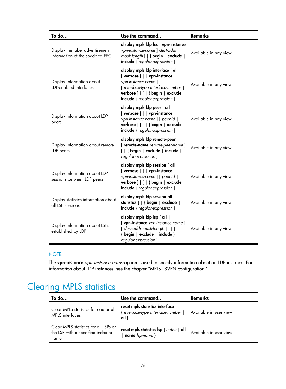 Clearing mpls statistics | H3C Technologies H3C S10500 Series Switches User Manual | Page 87 / 395