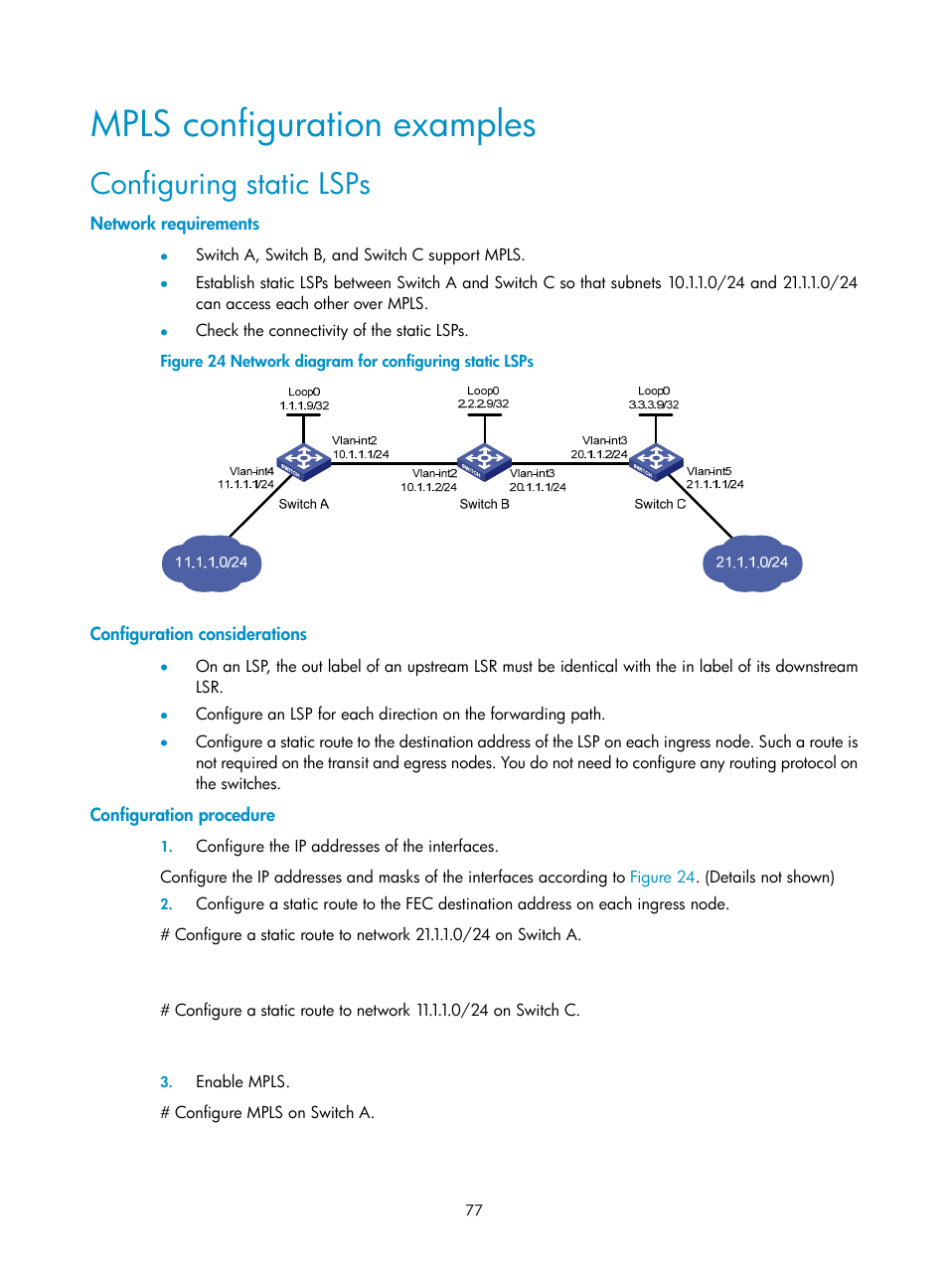 Mpls configuration examples, Configuring static lsps, Network requirements | Configuration considerations, Configuration procedure | H3C Technologies H3C S10500 Series Switches User Manual | Page 88 / 395