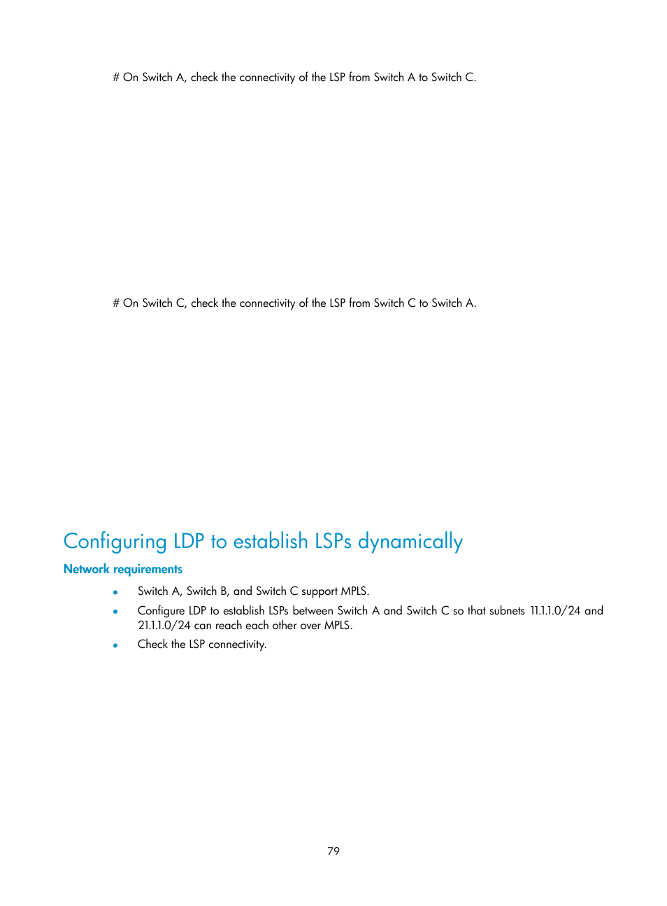 Configuring ldp to establish lsps dynamically, Network requirements | H3C Technologies H3C S10500 Series Switches User Manual | Page 90 / 395