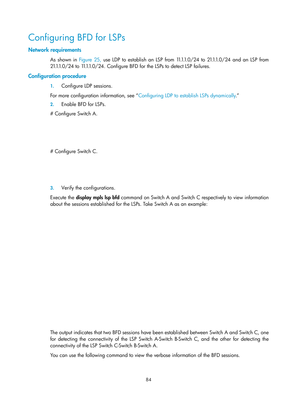 Configuring bfd for lsps, Network requirements, Configuration procedure | H3C Technologies H3C S10500 Series Switches User Manual | Page 95 / 395