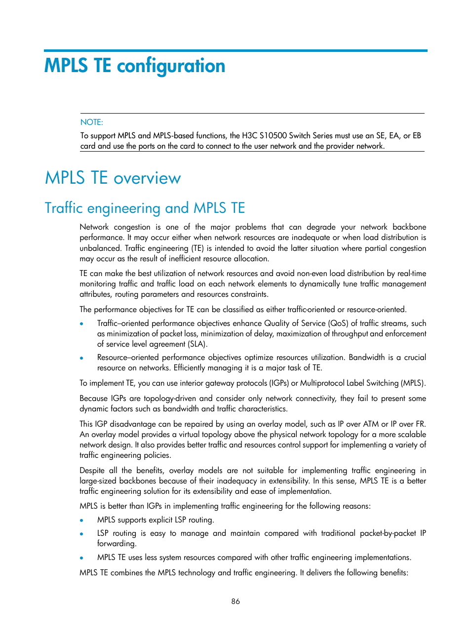 Mpls te configuration, Mpls te overview, Traffic engineering and mpls te | H3C Technologies H3C S10500 Series Switches User Manual | Page 97 / 395