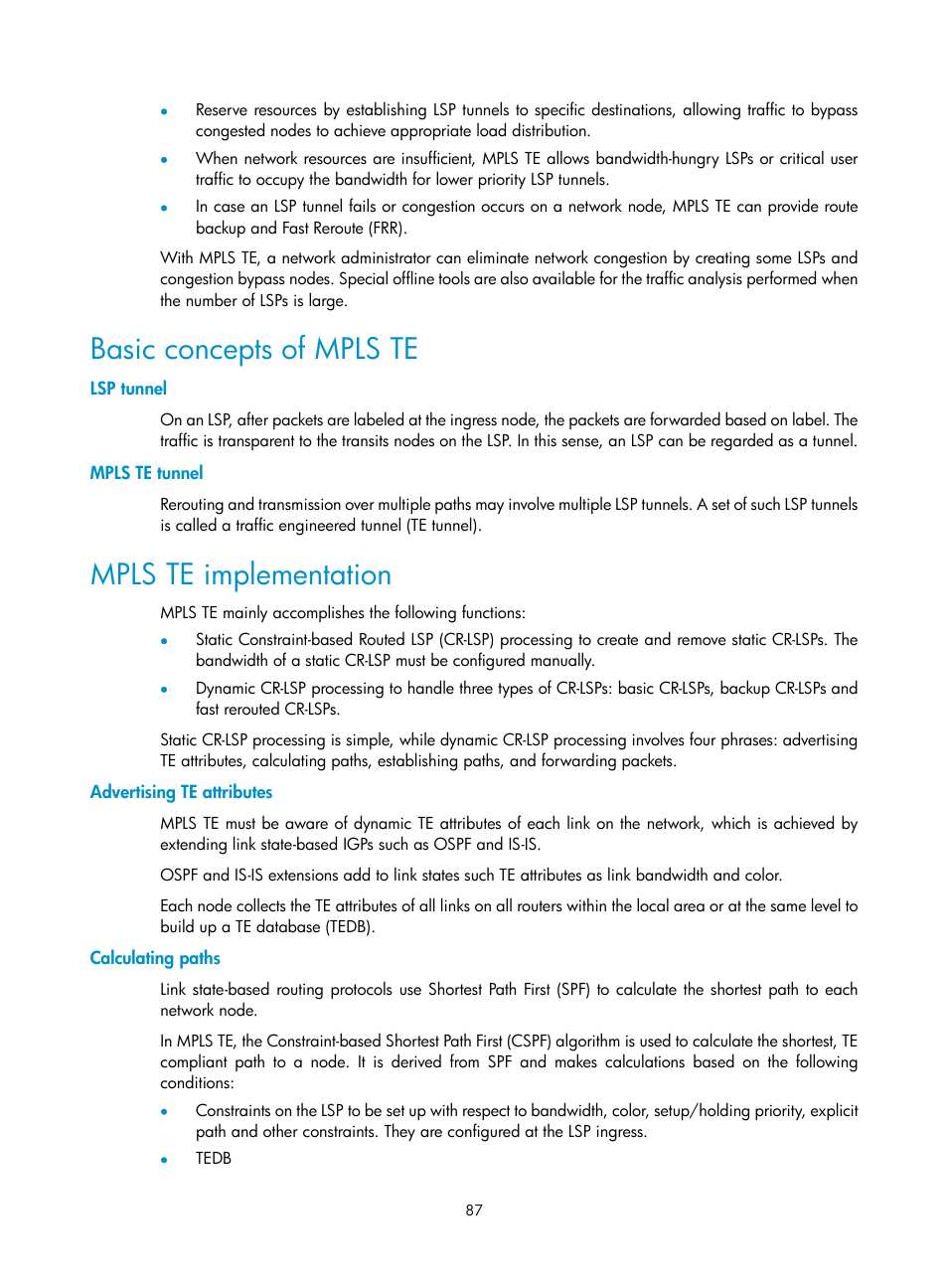 Basic concepts of mpls te, Lsp tunnel, Mpls te tunnel | Mpls te implementation, Advertising te attributes, Calculating paths | H3C Technologies H3C S10500 Series Switches User Manual | Page 98 / 395