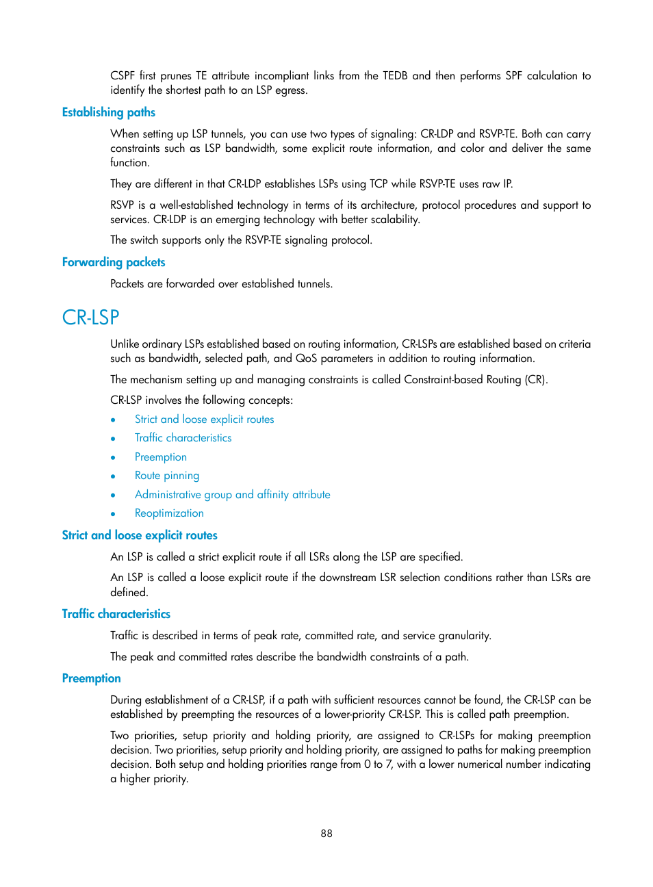 Establishing paths, Forwarding packets, Cr-lsp | Strict and loose explicit routes, Traffic characteristics, Preemption | H3C Technologies H3C S10500 Series Switches User Manual | Page 99 / 395