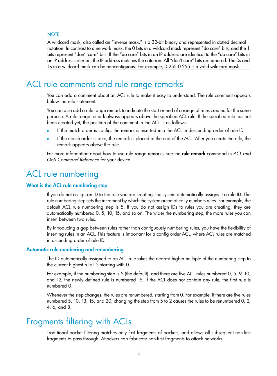 What is the acl rule numbering step, Automatic rule numbering and renumbering, Acl rule comments and rule range remarks | Acl rule numbering, Fragments filtering with acls | H3C Technologies H3C S10500 Series Switches User Manual | Page 11 / 97