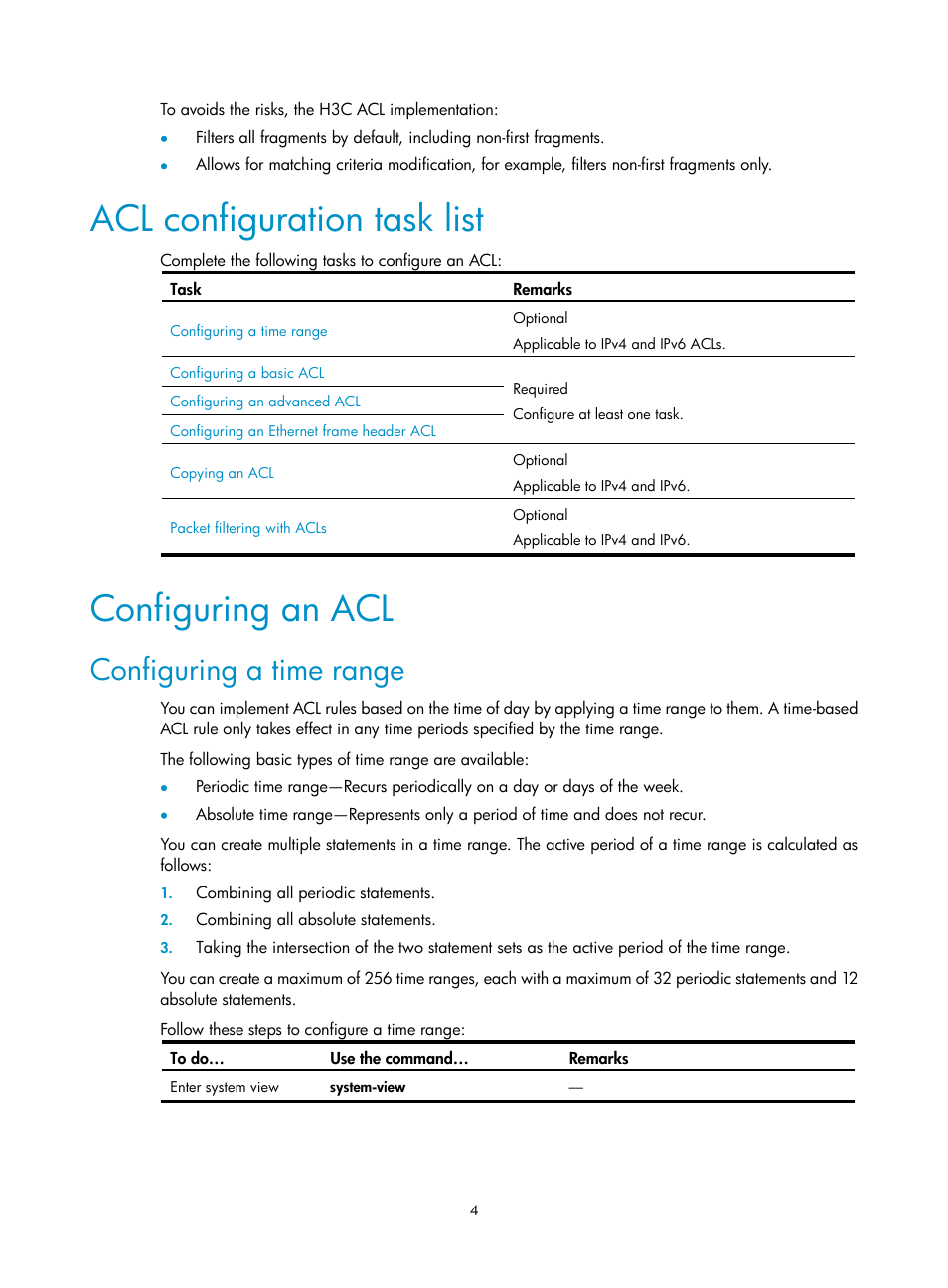 Acl configuration task list, Configuring an acl, Configuring a time range | H3C Technologies H3C S10500 Series Switches User Manual | Page 12 / 97