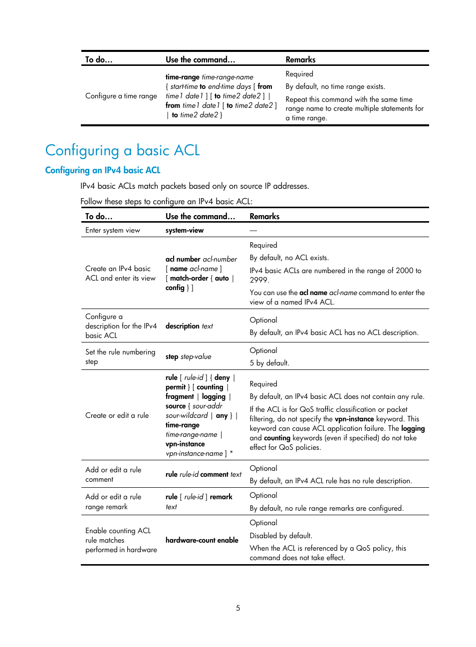 Configuring an ipv4 basic acl, Configuring a basic acl | H3C Technologies H3C S10500 Series Switches User Manual | Page 13 / 97