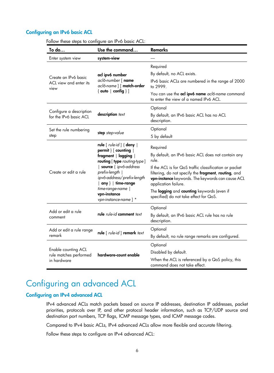 Configuring an ipv6 basic acl, Configuring an ipv4 advanced acl, Configuring an advanced acl | H3C Technologies H3C S10500 Series Switches User Manual | Page 14 / 97