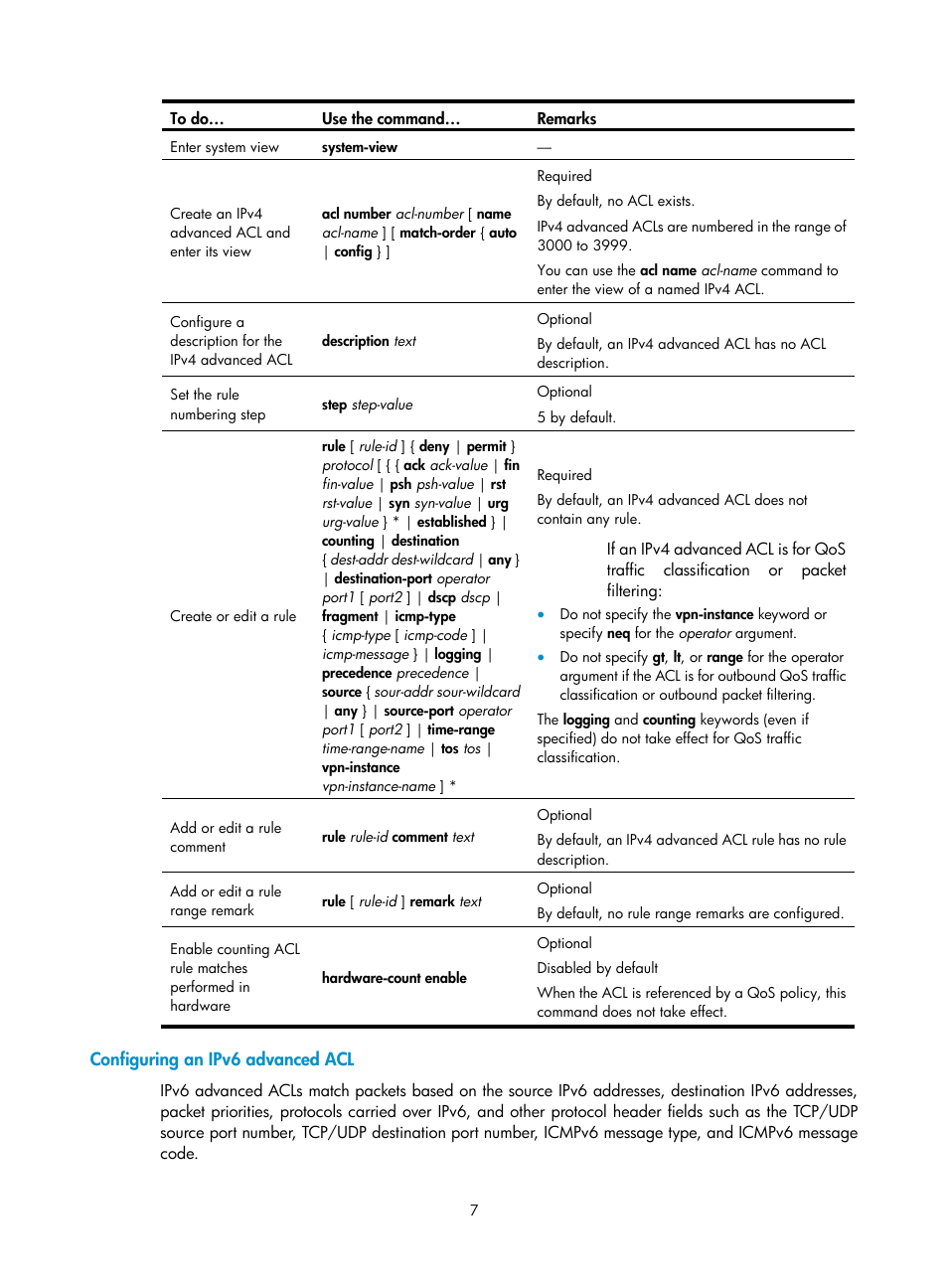 Configuring an ipv6 advanced acl | H3C Technologies H3C S10500 Series Switches User Manual | Page 15 / 97