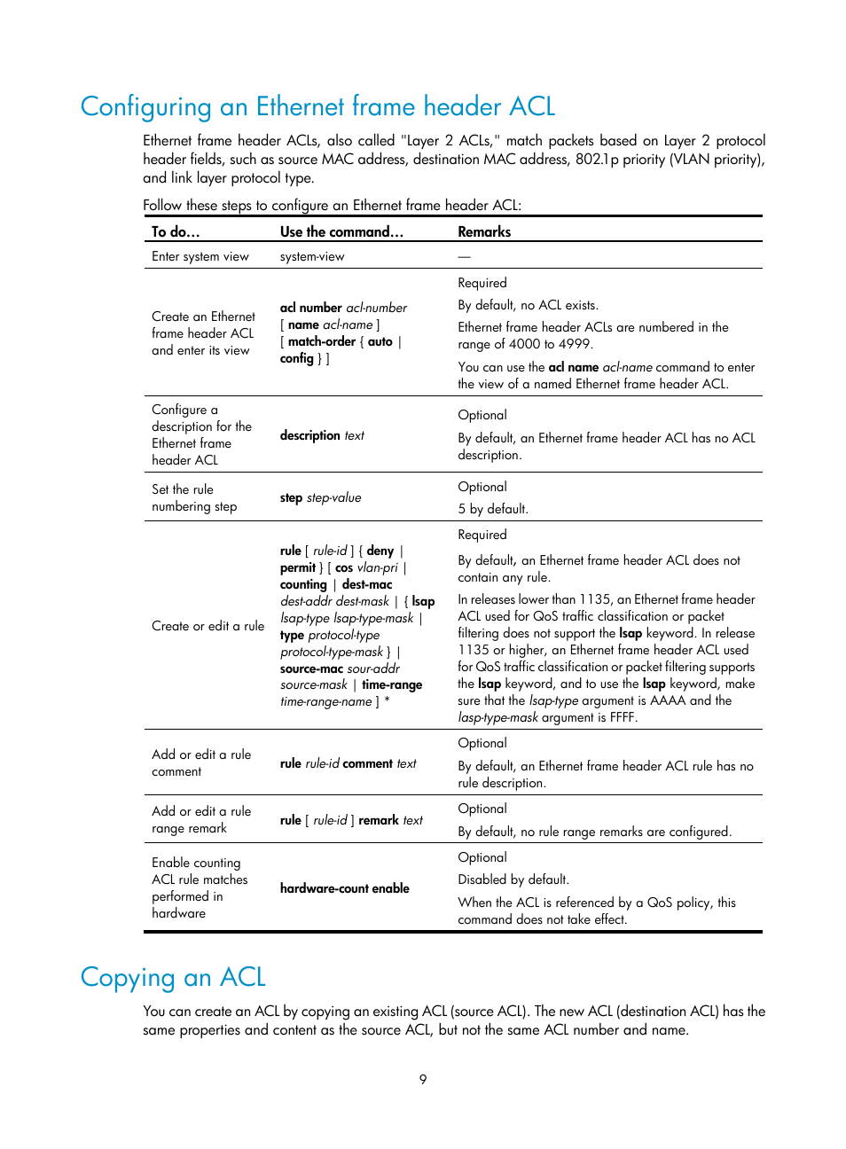 Configuring an ethernet frame header acl, Copying an acl | H3C Technologies H3C S10500 Series Switches User Manual | Page 17 / 97