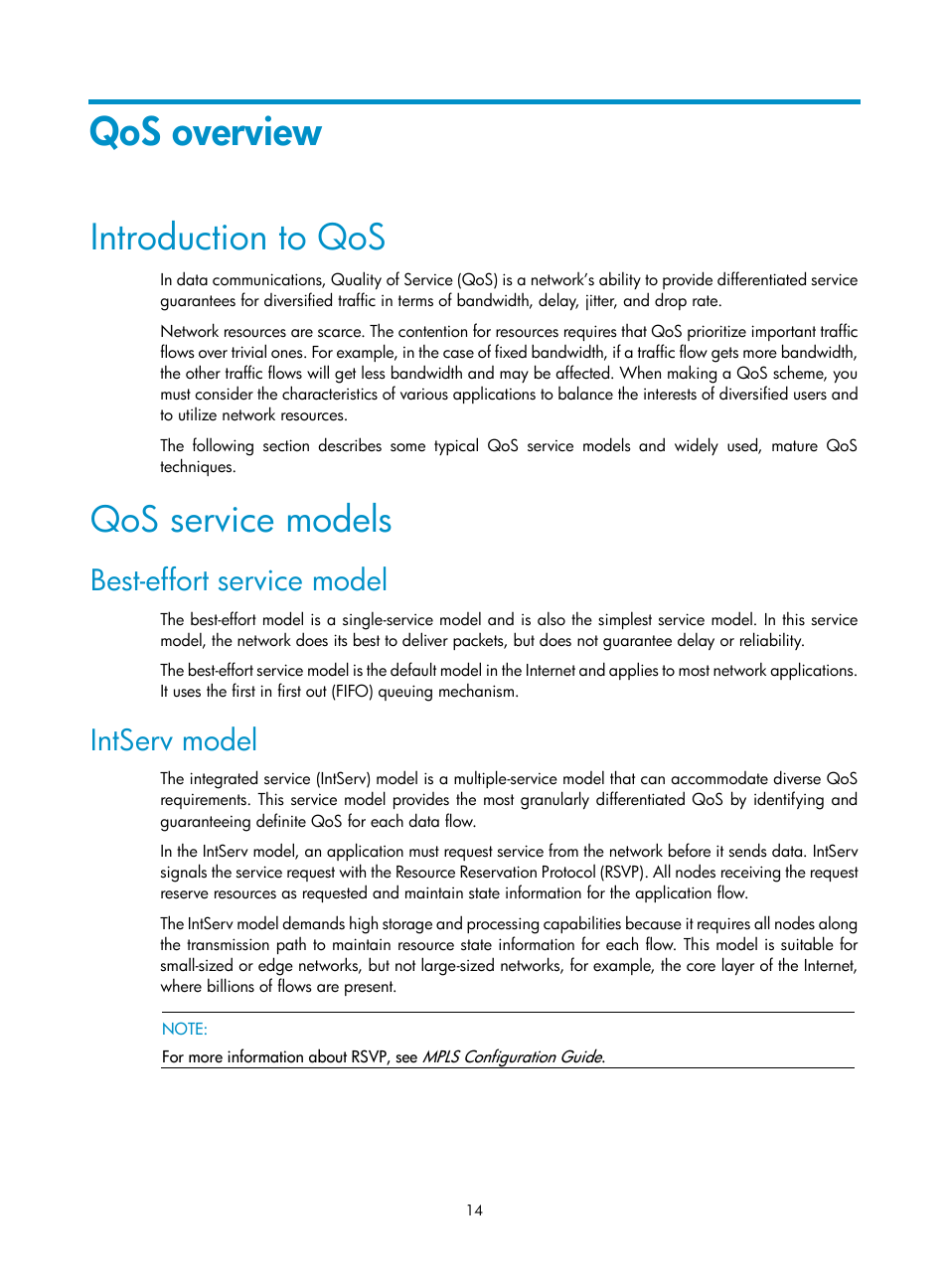 Qos overview, Introduction to qos, Qos service models | Best-effort service model, Intserv model | H3C Technologies H3C S10500 Series Switches User Manual | Page 22 / 97