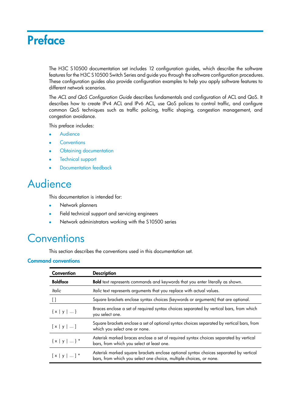 Preface, Audience, Conventions | Command conventions | H3C Technologies H3C S10500 Series Switches User Manual | Page 3 / 97