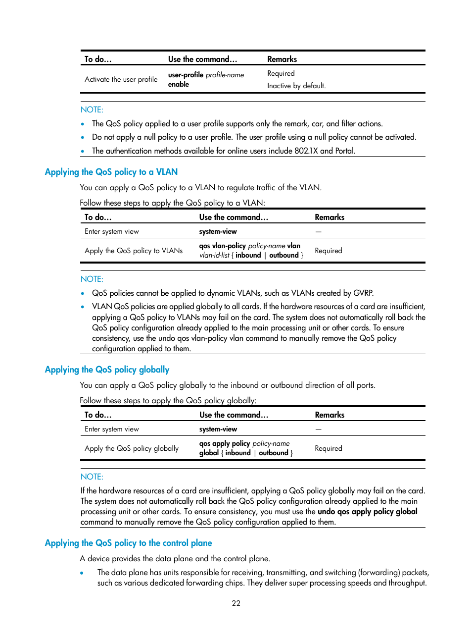 Applying the qos policy to a vlan, Applying the qos policy globally, Applying the qos policy to the control plane | H3C Technologies H3C S10500 Series Switches User Manual | Page 30 / 97