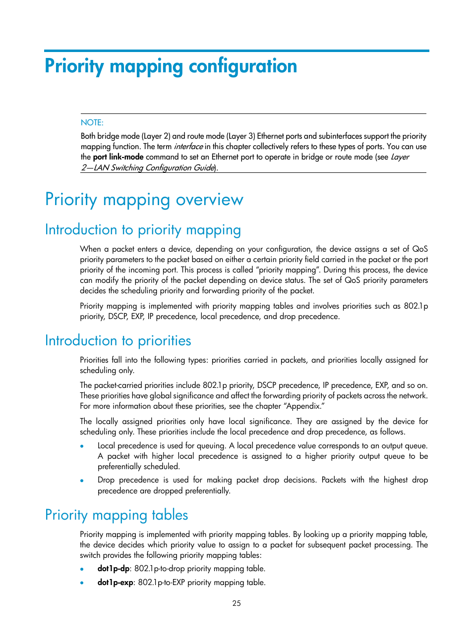 Priority mapping configuration, Priority mapping overview, Introduction to priority mapping | Introduction to priorities, Priority mapping tables | H3C Technologies H3C S10500 Series Switches User Manual | Page 33 / 97