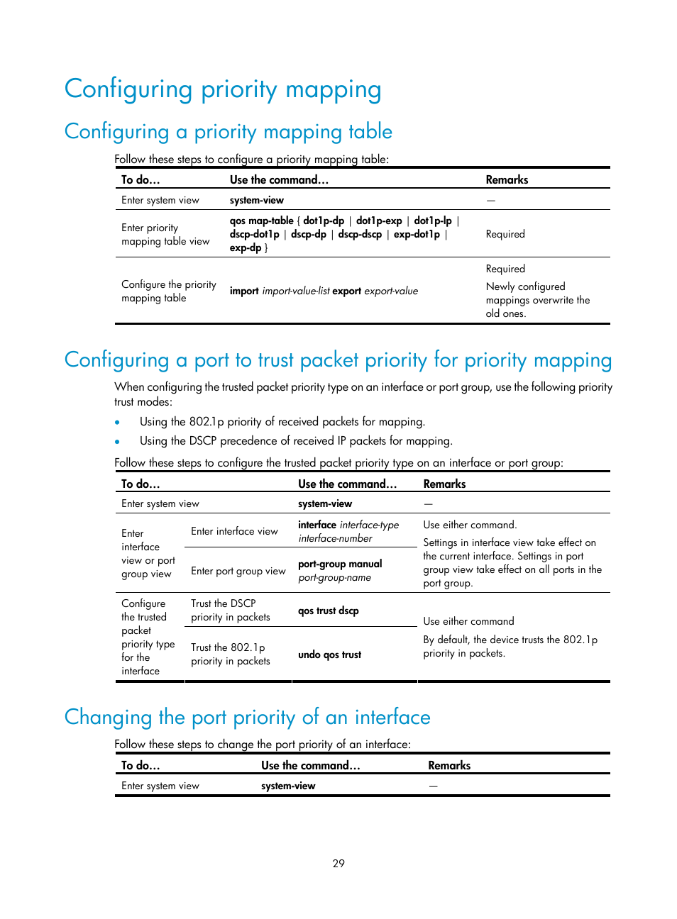 Configuring priority mapping, Configuring a priority mapping table, Changing the port priority of an interface | H3C Technologies H3C S10500 Series Switches User Manual | Page 37 / 97