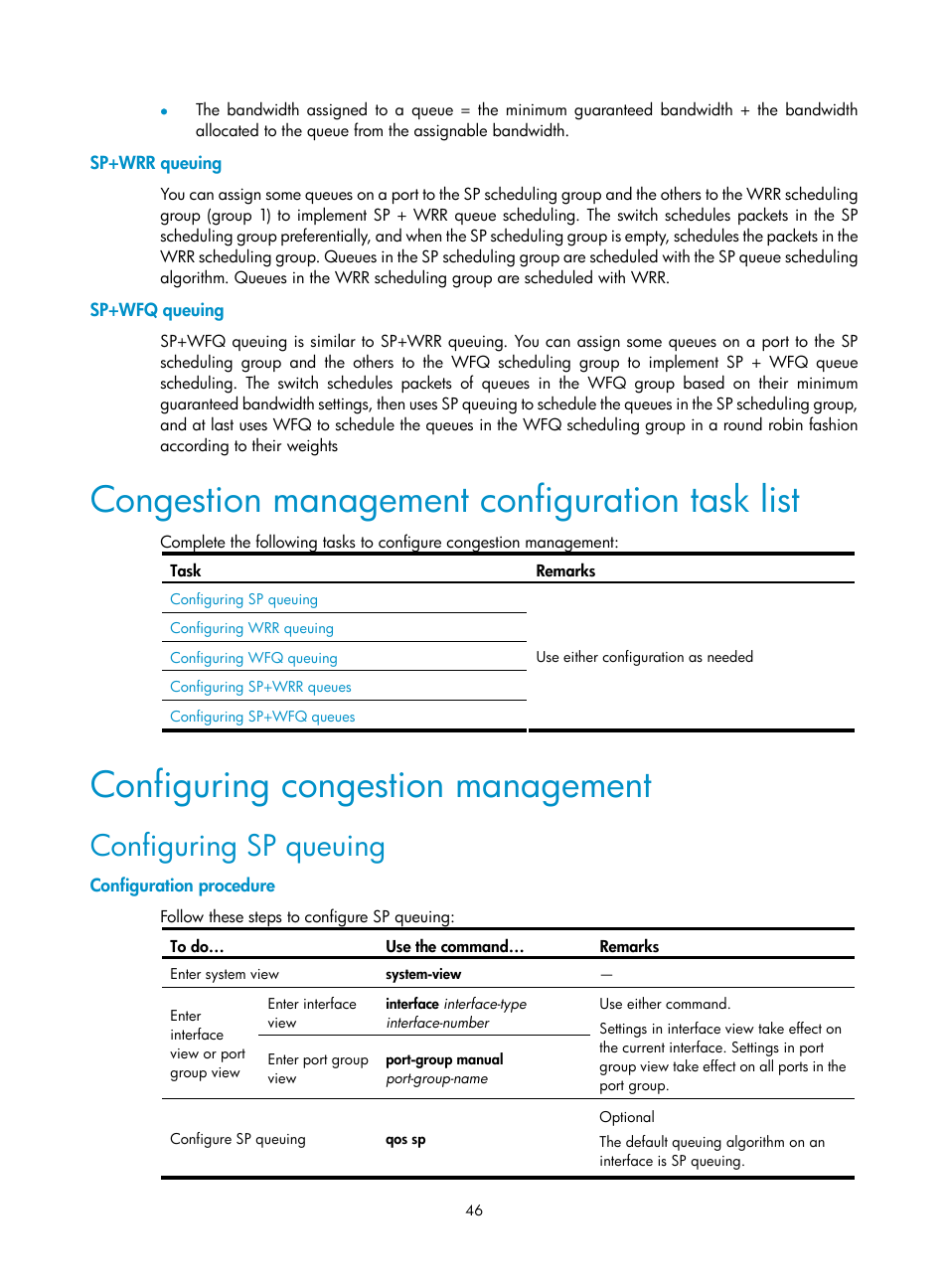 Sp+wrr queuing, Sp+wfq queuing, Congestion management configuration task list | Configuring congestion management, Configuration procedure, Configuring sp queuing | H3C Technologies H3C S10500 Series Switches User Manual | Page 54 / 97