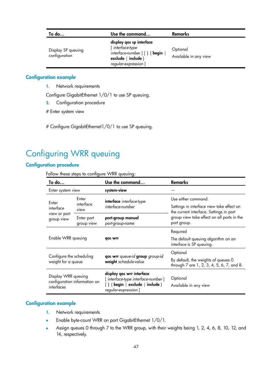 Configuration example, Configuration procedure, Configuring wrr queuing | H3C Technologies H3C S10500 Series Switches User Manual | Page 55 / 97