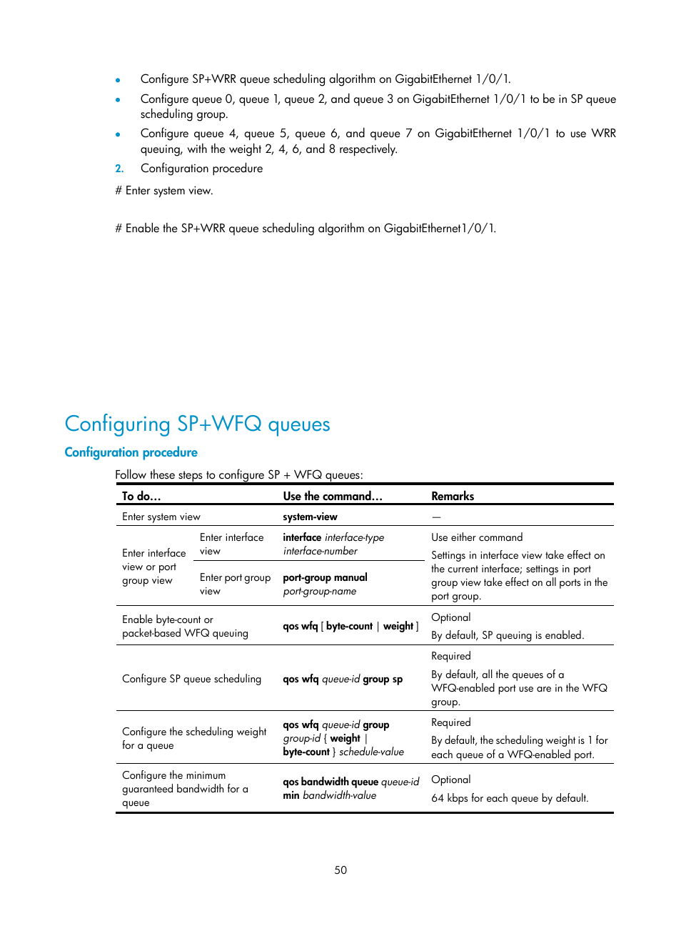 Configuration procedure, Configuring sp+wfq queues | H3C Technologies H3C S10500 Series Switches User Manual | Page 58 / 97