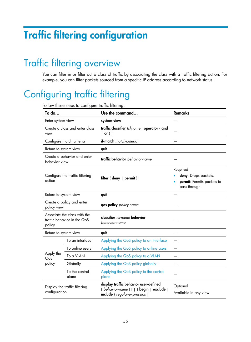 Traffic filtering configuration, Traffic filtering overview, Configuring traffic filtering | H3C Technologies H3C S10500 Series Switches User Manual | Page 63 / 97